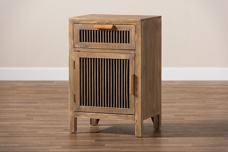 Baxton Studio Clement Rustic Transitional Medium Oak Finished 1-Door and 1-Drawer Wood Spindle Nightstand