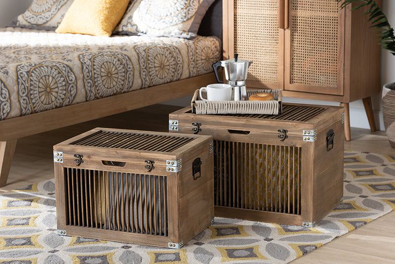 Baxton Studio Clement Rustic Transitional Medium Oak Finished 2-Piece Wood Spindle Storage Trunk Set