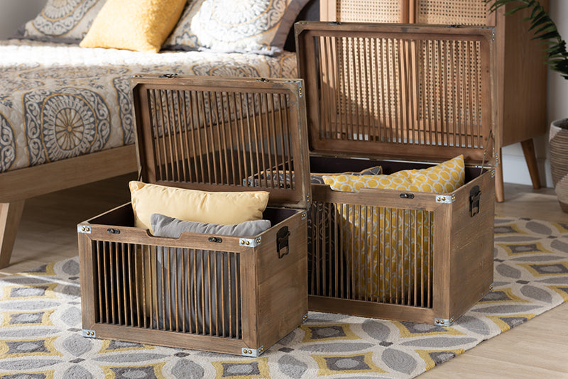 Baxton Studio Clement Rustic Transitional Medium Oak Finished 2-Piece Wood Spindle Storage Trunk Set