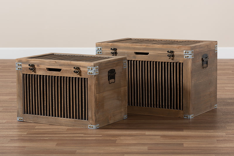 Baxton Studio Clement Rustic Transitional Medium Oak Finished 2-Piece Wood Spindle Storage Trunk Set