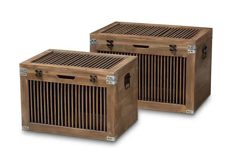 Baxton Studio Clement Rustic Transitional Medium Oak Finished 2-Piece Wood Spindle Storage Trunk Set