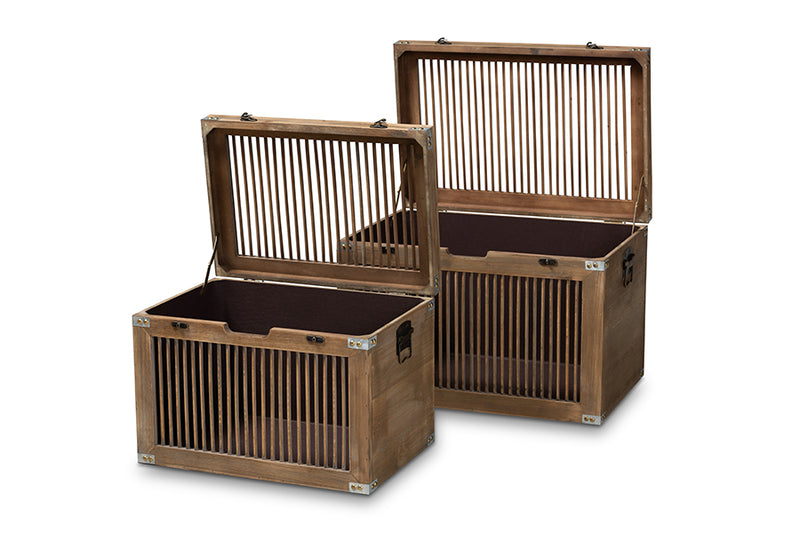Baxton Studio Clement Rustic Transitional Medium Oak Finished 2-Piece Wood Spindle Storage Trunk Set