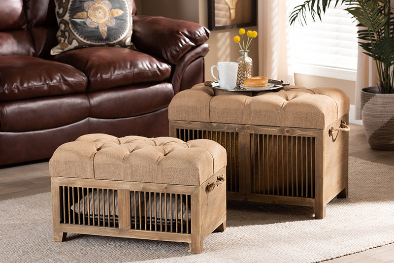 Baxton Studio Clement Rustic Transitional Farmhouse Beige Fabric Upholstered Medium Oak Finished 2-Piece Wood Spindle Storage Trunk Ottoman Set