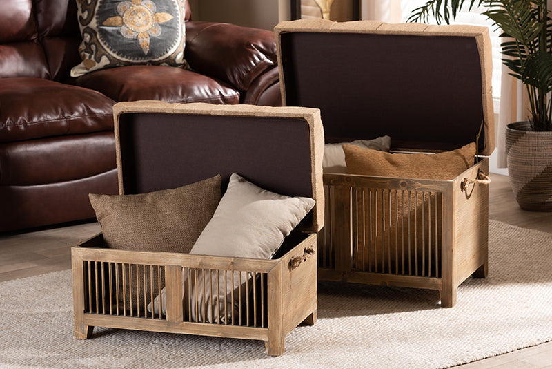 Baxton Studio Clement Rustic Transitional Farmhouse Beige Fabric Upholstered Medium Oak Finished 2-Piece Wood Spindle Storage Trunk Ottoman Set