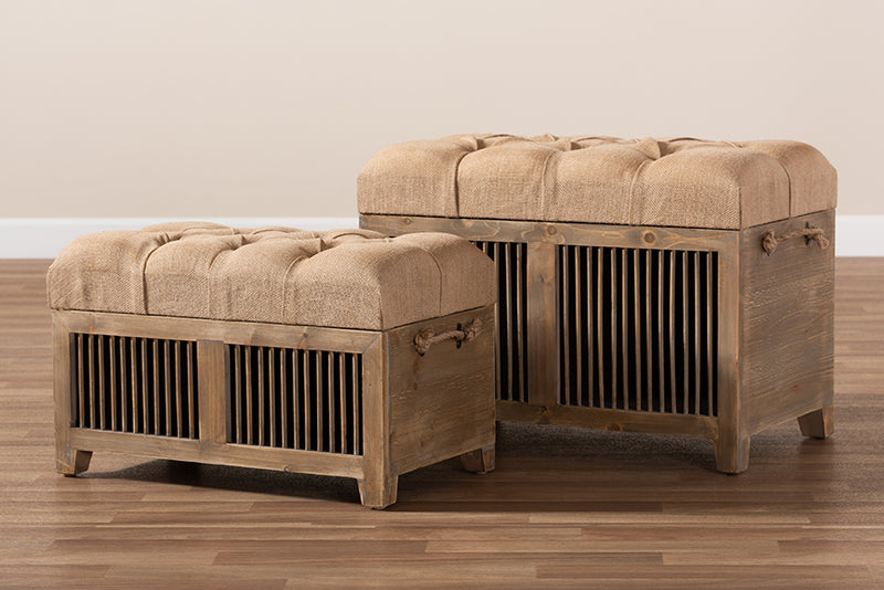 Baxton Studio Clement Rustic Transitional Farmhouse Beige Fabric Upholstered Medium Oak Finished 2-Piece Wood Spindle Storage Trunk Ottoman Set