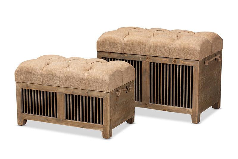 Baxton Studio Clement Rustic Transitional Farmhouse Beige Fabric Upholstered Medium Oak Finished 2-Piece Wood Spindle Storage Trunk Ottoman Set