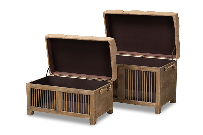 Baxton Studio Clement Rustic Transitional Farmhouse Beige Fabric Upholstered Medium Oak Finished 2-Piece Wood Spindle Storage Trunk Ottoman Set