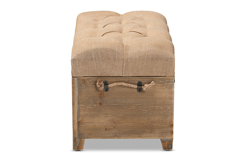Baxton Studio Clement Rustic Transitional Farmhouse Beige Fabric Upholstered Medium Oak Finished 2-Piece Wood Spindle Storage Trunk Ottoman Set