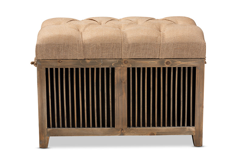 Baxton Studio Clement Rustic Transitional Farmhouse Beige Fabric Upholstered Medium Oak Finished 2-Piece Wood Spindle Storage Trunk Ottoman Set
