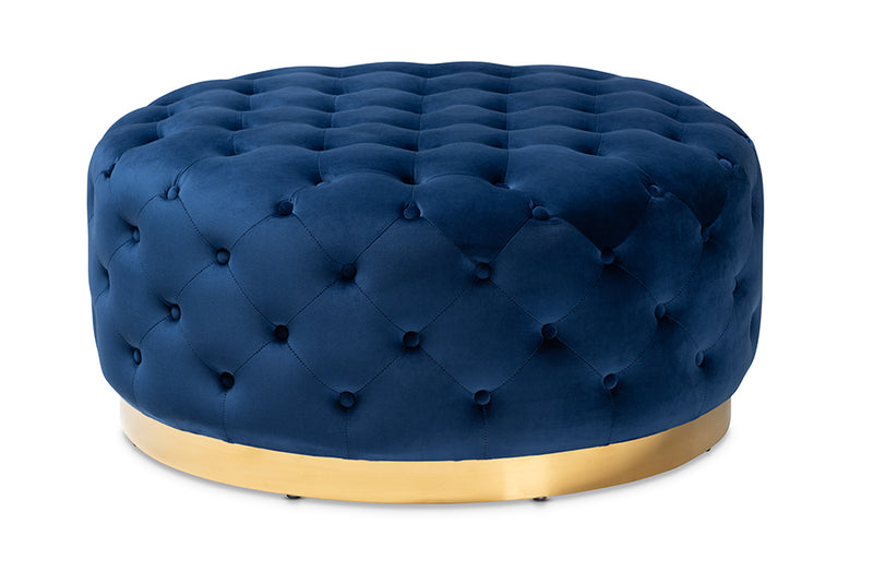 Baxton Studio Sasha Glam and Luxe Royal Blue Velvet Fabric Upholstered Gold Finished Round Cocktail Ottoman