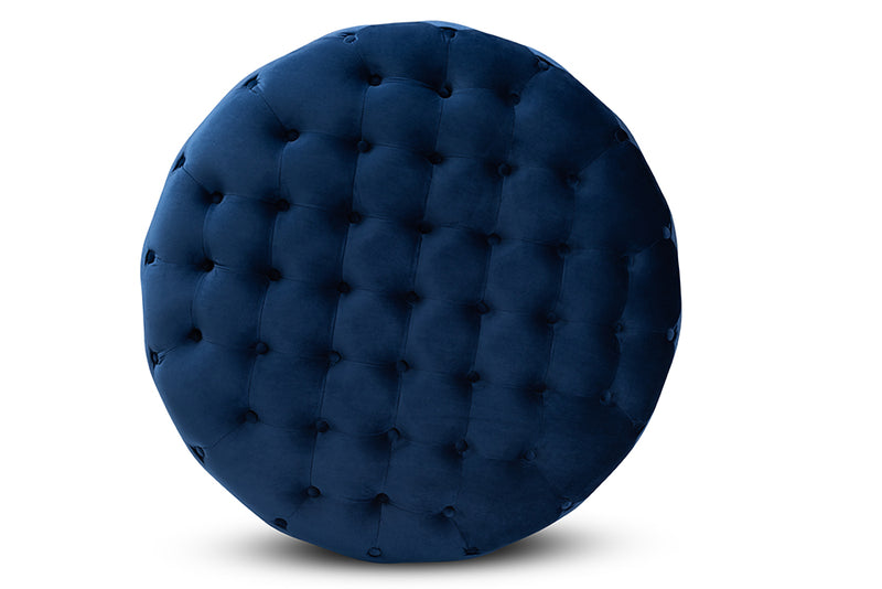 Baxton Studio Sasha Glam and Luxe Royal Blue Velvet Fabric Upholstered Gold Finished Round Cocktail Ottoman