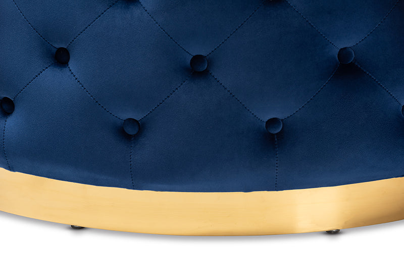 Baxton Studio Sasha Glam and Luxe Royal Blue Velvet Fabric Upholstered Gold Finished Round Cocktail Ottoman