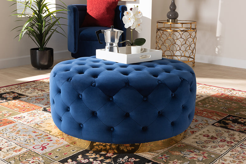 Baxton Studio Sasha Glam and Luxe Royal Blue Velvet Fabric Upholstered Gold Finished Round Cocktail Ottoman