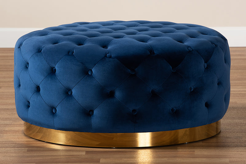 Baxton Studio Sasha Glam and Luxe Royal Blue Velvet Fabric Upholstered Gold Finished Round Cocktail Ottoman