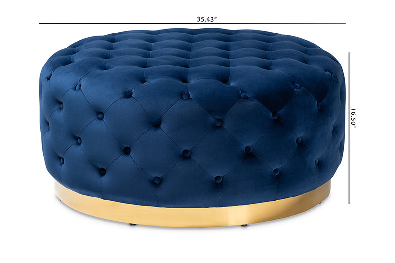 Baxton Studio Sasha Glam and Luxe Royal Blue Velvet Fabric Upholstered Gold Finished Round Cocktail Ottoman