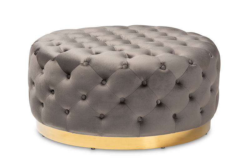 Baxton Studio Sasha Glam and Luxe Grey Velvet Fabric Upholstered Gold Finished Round Cocktail Ottoman