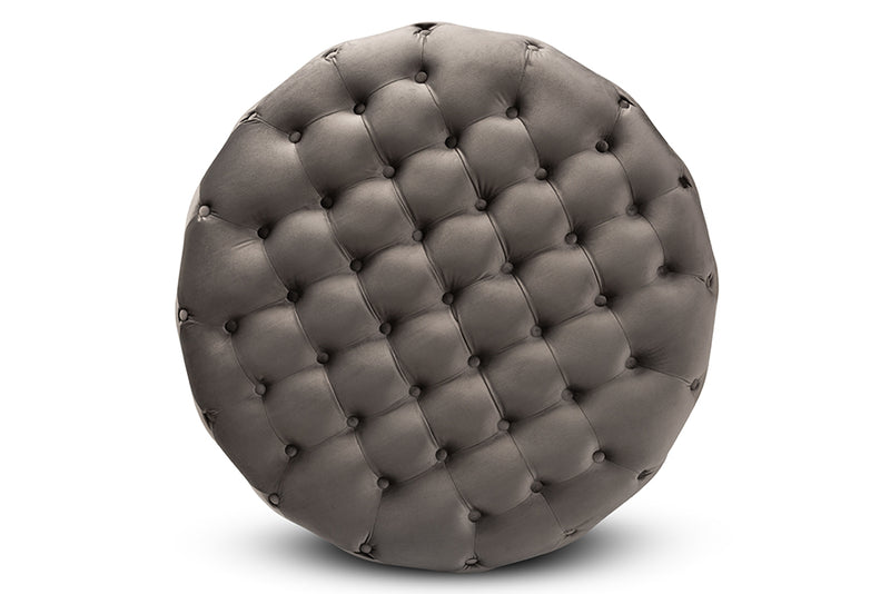 Baxton Studio Sasha Glam and Luxe Grey Velvet Fabric Upholstered Gold Finished Round Cocktail Ottoman