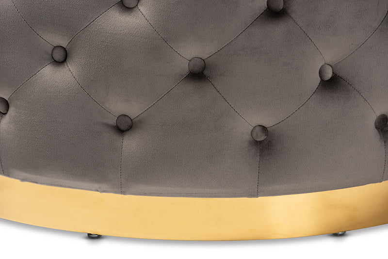 Baxton Studio Sasha Glam and Luxe Grey Velvet Fabric Upholstered Gold Finished Round Cocktail Ottoman