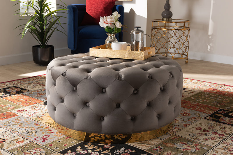 Baxton Studio Sasha Glam and Luxe Grey Velvet Fabric Upholstered Gold Finished Round Cocktail Ottoman
