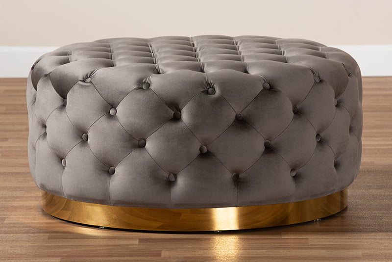 Baxton Studio Sasha Glam and Luxe Grey Velvet Fabric Upholstered Gold Finished Round Cocktail Ottoman