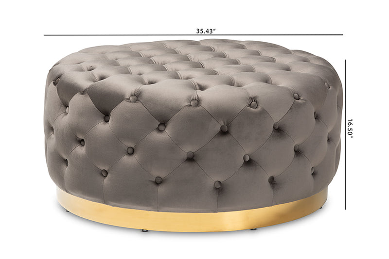 Baxton Studio Sasha Glam and Luxe Grey Velvet Fabric Upholstered Gold Finished Round Cocktail Ottoman