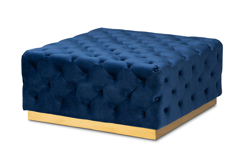 Baxton Studio Verene Glam and Luxe Royal Blue Velvet Fabric Upholstered Gold Finished Square Cocktail Ottoman