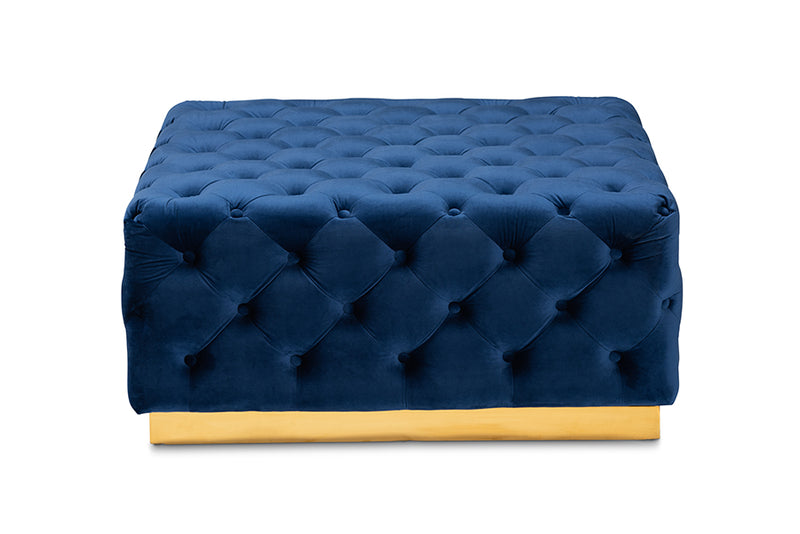 Baxton Studio Verene Glam and Luxe Royal Blue Velvet Fabric Upholstered Gold Finished Square Cocktail Ottoman