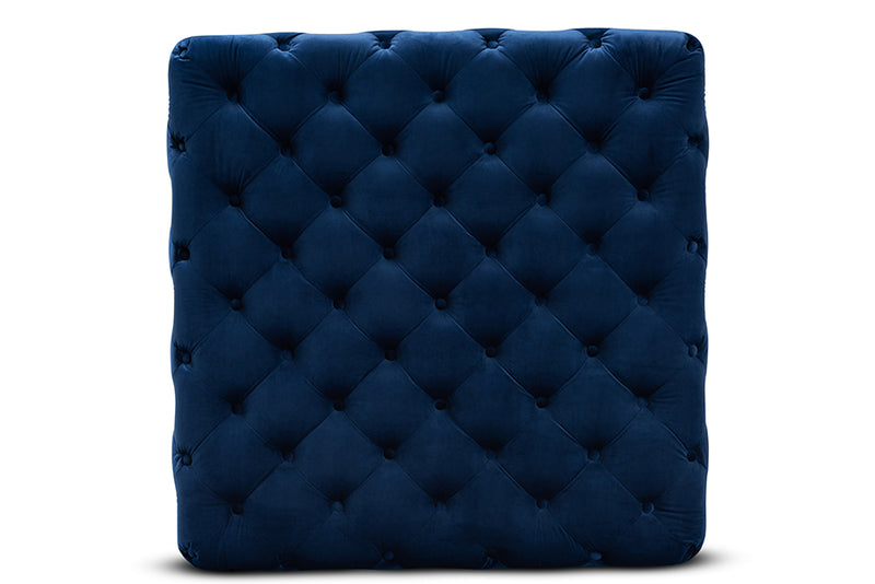 Baxton Studio Verene Glam and Luxe Royal Blue Velvet Fabric Upholstered Gold Finished Square Cocktail Ottoman