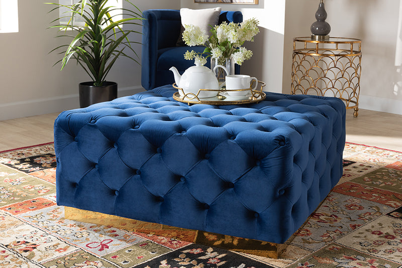 Baxton Studio Verene Glam and Luxe Royal Blue Velvet Fabric Upholstered Gold Finished Square Cocktail Ottoman