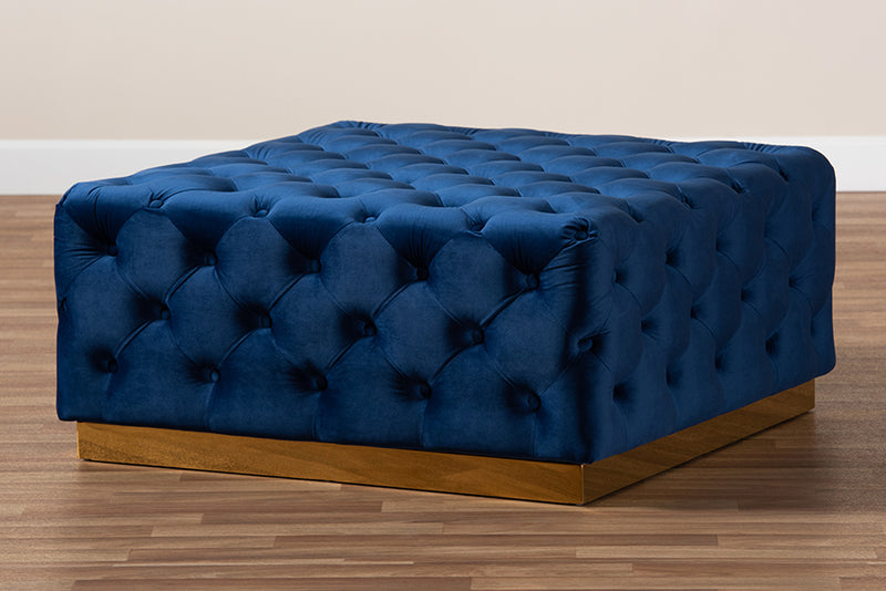 Baxton Studio Verene Glam and Luxe Royal Blue Velvet Fabric Upholstered Gold Finished Square Cocktail Ottoman