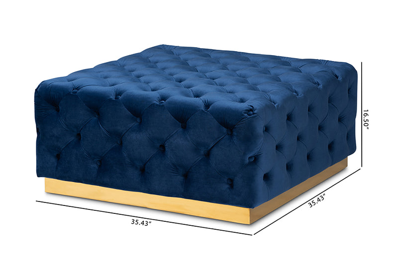 Baxton Studio Verene Glam and Luxe Royal Blue Velvet Fabric Upholstered Gold Finished Square Cocktail Ottoman