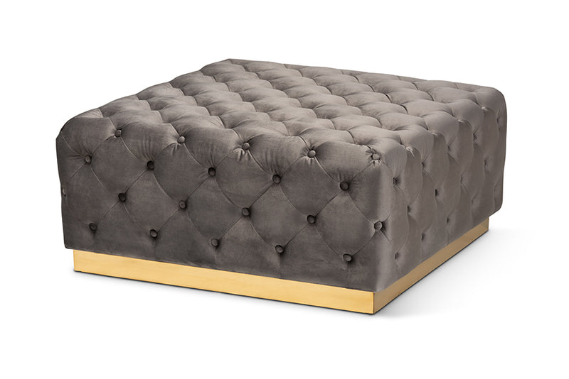 Baxton Studio Verene Glam and Luxe Grey Velvet Fabric Upholstered Gold Finished Square Cocktail Ottoman