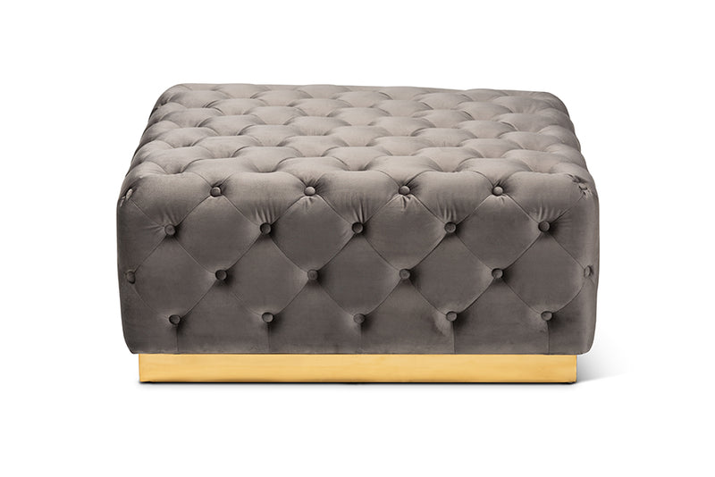 Baxton Studio Verene Glam and Luxe Grey Velvet Fabric Upholstered Gold Finished Square Cocktail Ottoman