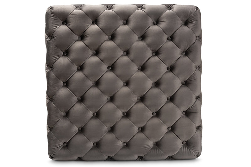 Baxton Studio Verene Glam and Luxe Grey Velvet Fabric Upholstered Gold Finished Square Cocktail Ottoman