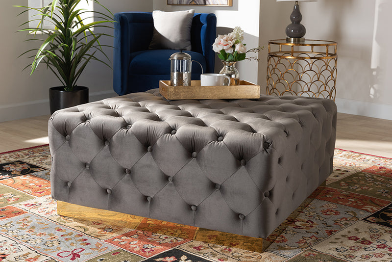 Baxton Studio Verene Glam and Luxe Grey Velvet Fabric Upholstered Gold Finished Square Cocktail Ottoman