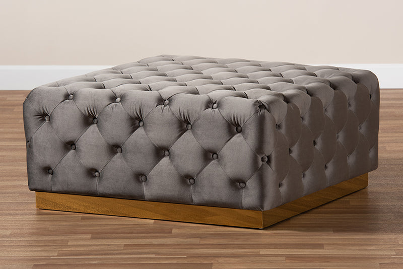 Baxton Studio Verene Glam and Luxe Grey Velvet Fabric Upholstered Gold Finished Square Cocktail Ottoman