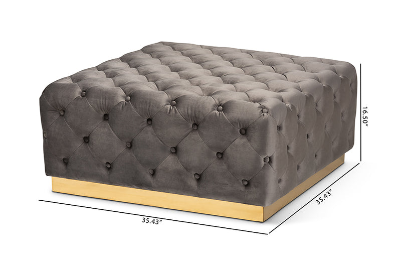 Baxton Studio Verene Glam and Luxe Grey Velvet Fabric Upholstered Gold Finished Square Cocktail Ottoman