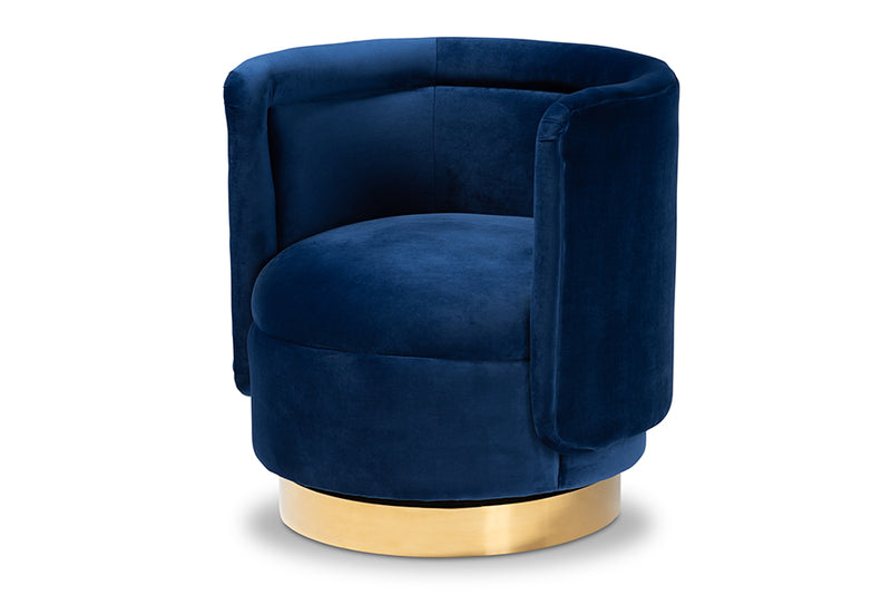 Baxton Studio Saffi Glam and Luxe Royal Blue Velvet Fabric Upholstered Gold Finished Swivel Accent Chair