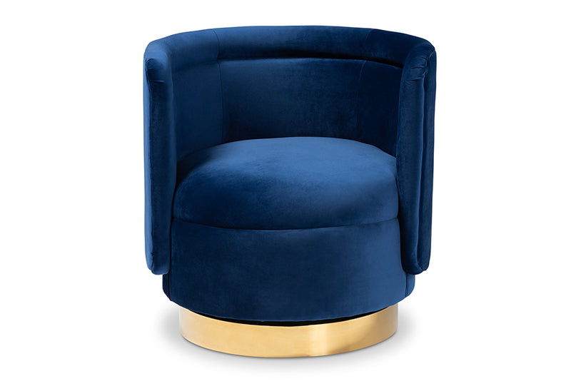 Baxton Studio Saffi Glam and Luxe Royal Blue Velvet Fabric Upholstered Gold Finished Swivel Accent Chair