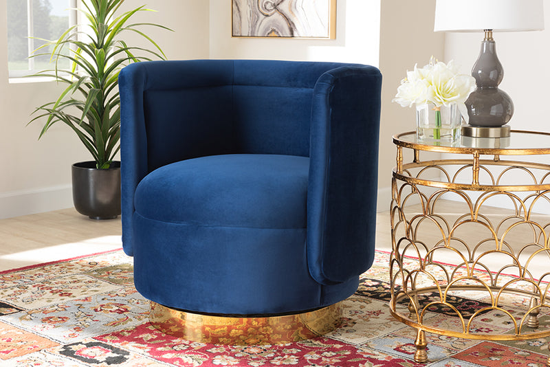 Baxton Studio Saffi Glam and Luxe Royal Blue Velvet Fabric Upholstered Gold Finished Swivel Accent Chair