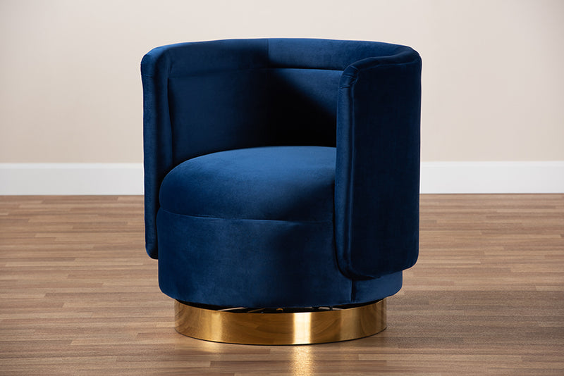 Baxton Studio Saffi Glam and Luxe Royal Blue Velvet Fabric Upholstered Gold Finished Swivel Accent Chair