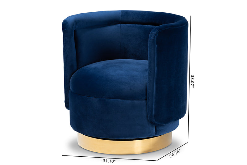 Baxton Studio Saffi Glam and Luxe Royal Blue Velvet Fabric Upholstered Gold Finished Swivel Accent Chair