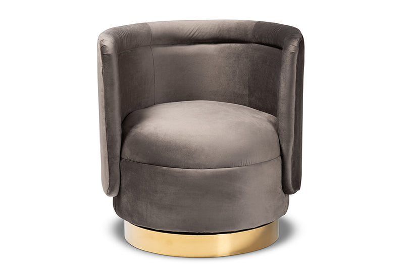 Baxton Studio Saffi Glam and Luxe Grey Velvet Fabric Upholstered Gold Finished Swivel Accent Chair