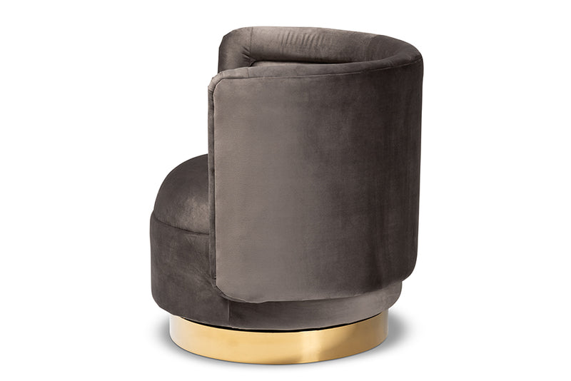 Baxton Studio Saffi Glam and Luxe Grey Velvet Fabric Upholstered Gold Finished Swivel Accent Chair