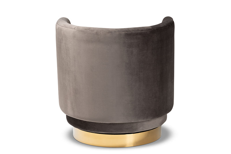 Baxton Studio Saffi Glam and Luxe Grey Velvet Fabric Upholstered Gold Finished Swivel Accent Chair