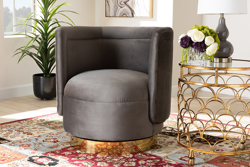 Baxton Studio Saffi Glam and Luxe Grey Velvet Fabric Upholstered Gold Finished Swivel Accent Chair