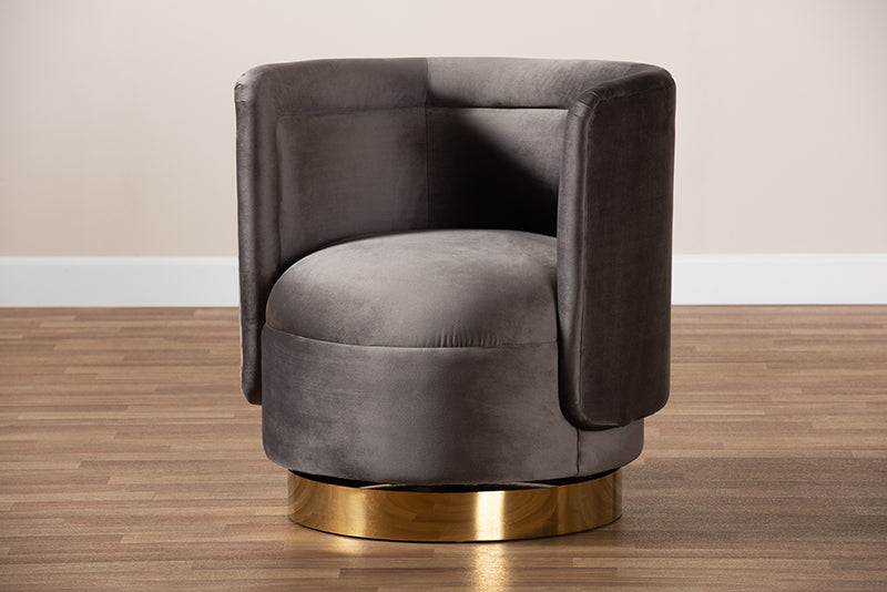Baxton Studio Saffi Glam and Luxe Grey Velvet Fabric Upholstered Gold Finished Swivel Accent Chair