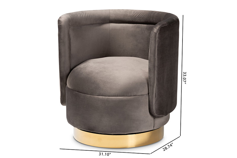 Baxton Studio Saffi Glam and Luxe Grey Velvet Fabric Upholstered Gold Finished Swivel Accent Chair