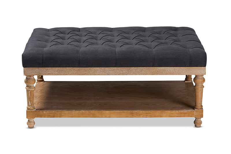 Baxton Studio Lindsey Modern and Rustic Charcoal Linen Fabric Upholstered and Greywashed Wood Cocktail Ottoman