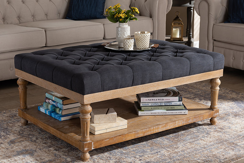 Baxton Studio Lindsey Modern and Rustic Charcoal Linen Fabric Upholstered and Greywashed Wood Cocktail Ottoman